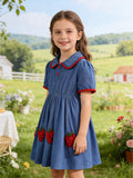 hot-selling girls' preppy-style faux denim strawberry embroidered dress - cross-border exclusive