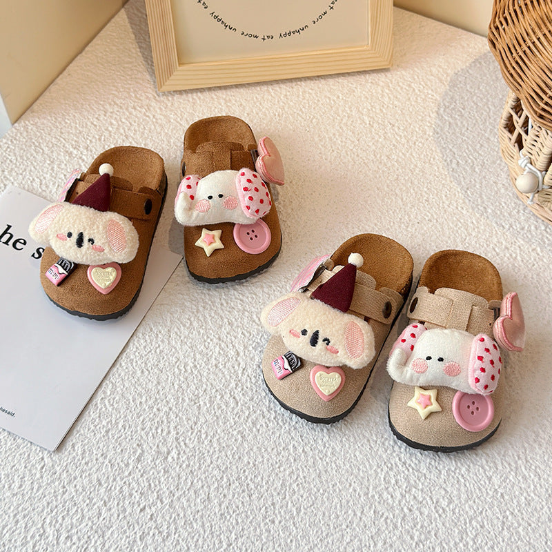 Cute kids birkenstock-style slippers 2025 - outdoor wear, minimalist closed-toe half slippers, spring/autumn girls' adorable cartoon cotton slippers