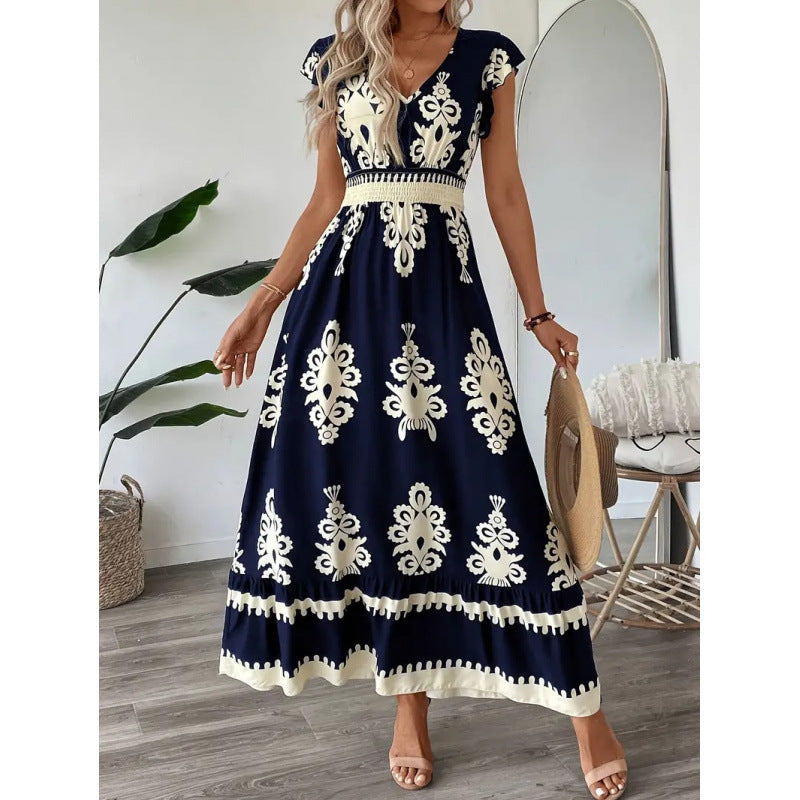 cross-border european and american style beach dress - vacation-inspired printed maxi dress - tiktok/ trend