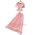 Xiaoxiangfeng pink two-piece set women's summer short-sleeved high waist waist light mature style pleated skirtaccessible luxuryelegantsuit