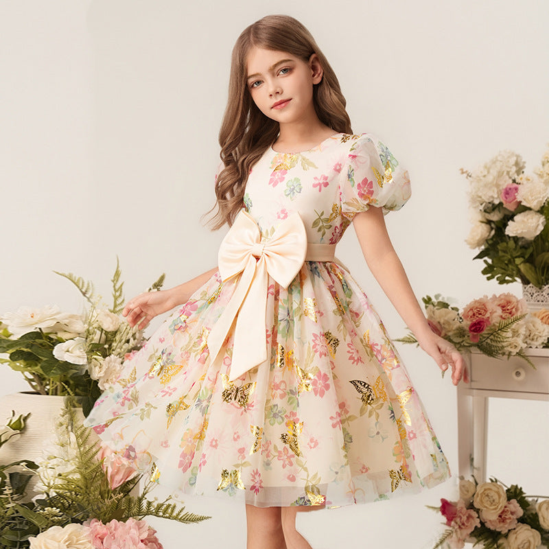 Wholesale girls' printed floral princess dress - holiday style, bubble sleeves, summer dress for little girls