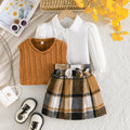 new bowknot plaid mini skirt cross-border three-piece knitted vest girl's outfit autumn/winter