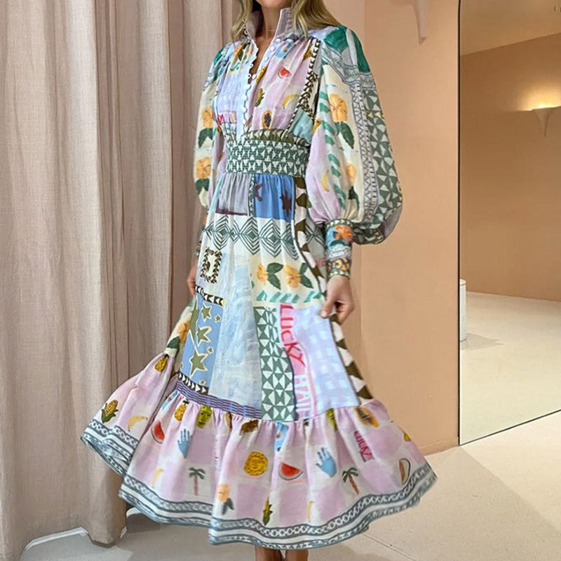 cross-border e-commerce women's fashion: european and american summer new arrivals - printed lantern sleeve, cinched waist, maxi swing dress 661