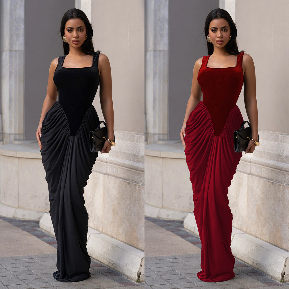 C7582 cross-border   fashion women's elegant waist-cinching backless sleeveless bodycon dress