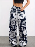 Ready-to-ship  spring/summer european and american women's fashion: new hot girl style pocket streetwear printed loose fit casual pants