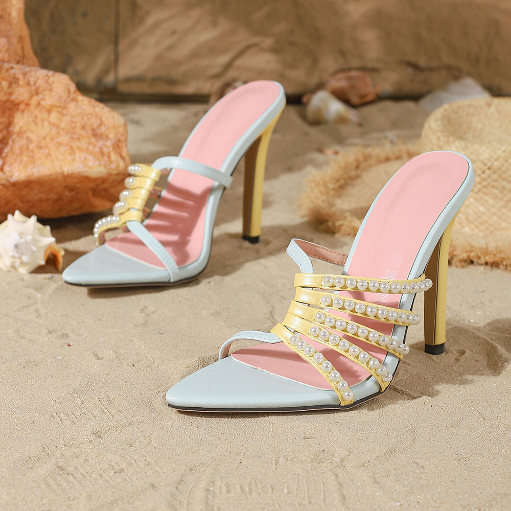 2026 new european and american style pearl stiletto heel mules - women's pointed toe color block thong sandals - cross-border hot seller
