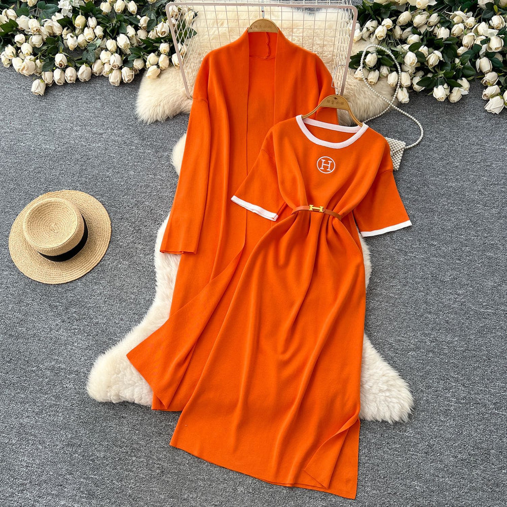 European station  spring/autumn new women's fashion high-end belted short-sleeve maxi dress long-sleeve outerwear knitted two-piece set