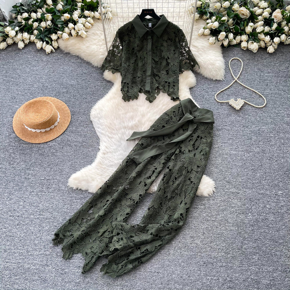French chic, sophisticated lace cutout short sleeve top and wide-leg pant set - premium summer collection