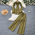 Lazy style pink embroidersequinshirtloose pantstwo-piece set female autumwork clothingslimming lookelegantfashionsuit