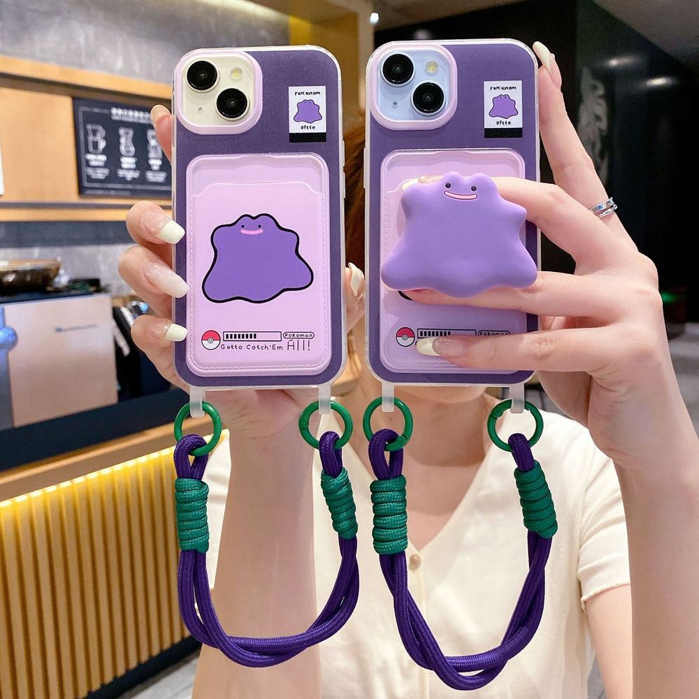 Creative card holder lanyard for apple 16 pro, cute purple monster phone case for iphone xr/12