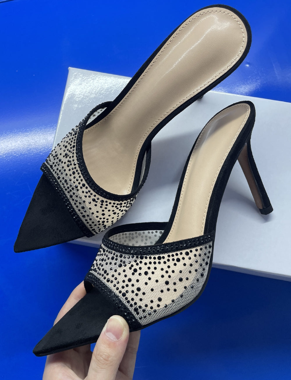 Small women's european and american exportnew arrival thin heel pointed toe one-piece mesh rhinestone high heel sandals outwear women's sandals