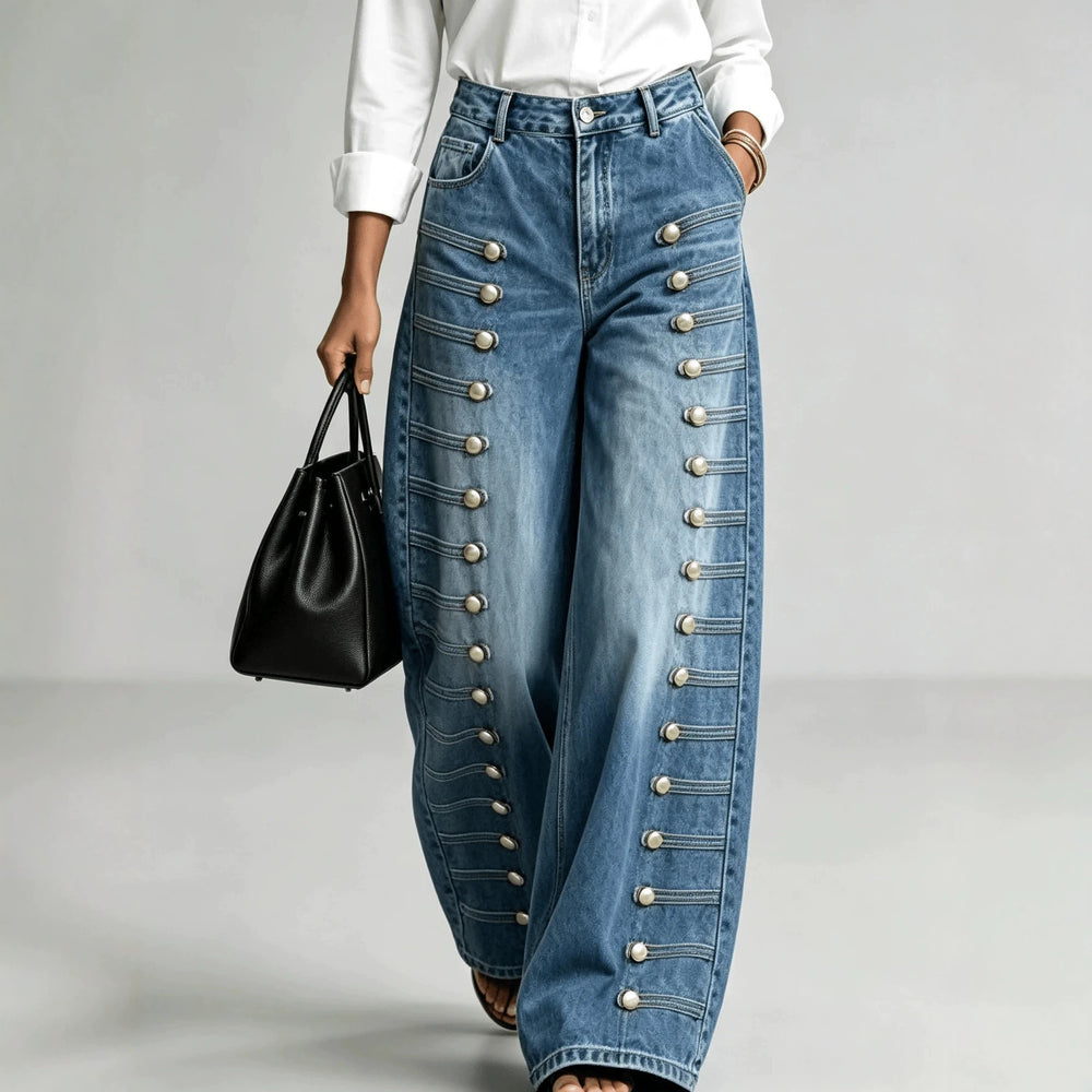 Fashionjeans women's side multi-breasted sense of design loose pants washed blue loosedrapedmop denim pants