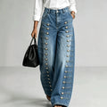 Fashionjeans women's side multi-breasted sense of design loose pants washed blue loosedrapedmop denim pants