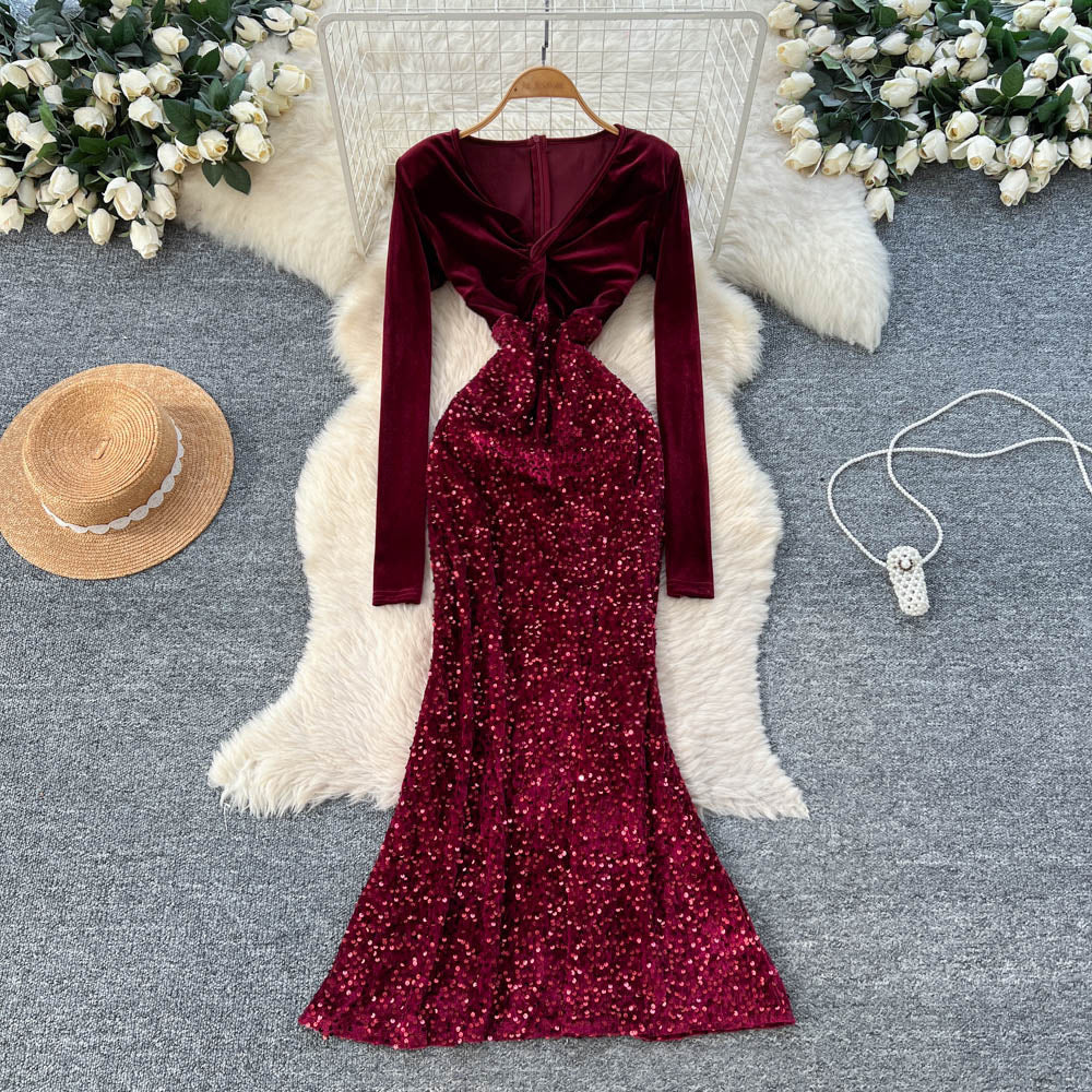 Fashionelegant dinner style black sequindress women's long sleevesv necksilmelegance mermaid dressclassy