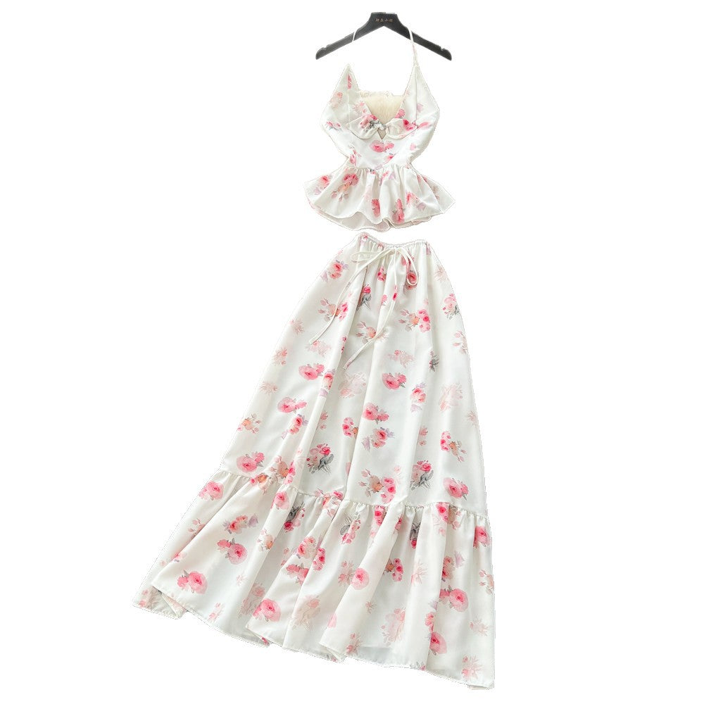French holiday style floral suspender two-piece set women's summer pure lust style ruffles waist slimming lookelegantsuit