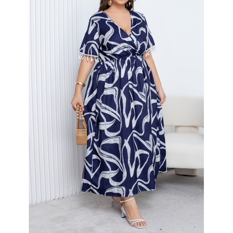 plus size cross-border new arrival  women's original elegancev neckprintingdress cuff flow
