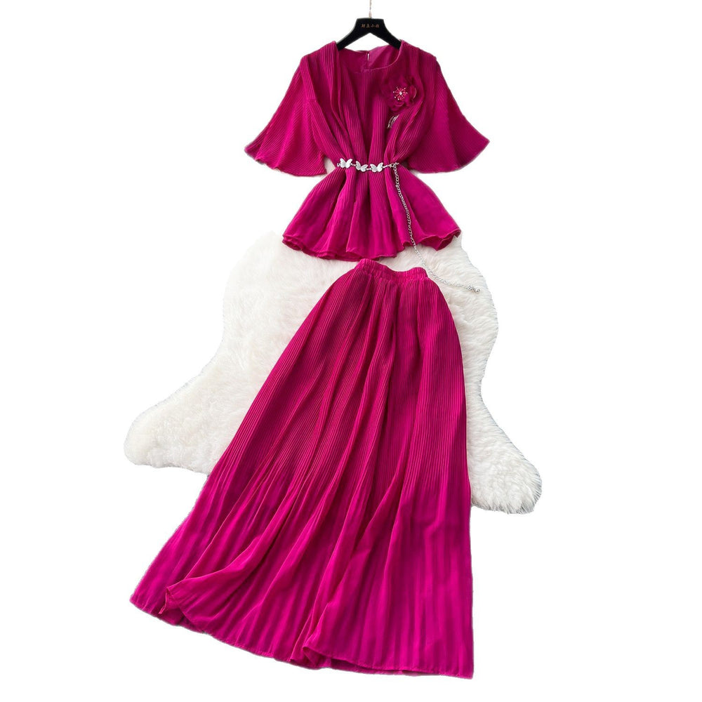 French style women's summer outfit: premium 3d floral tie-waist short-sleeve pleated top + high-waisted midi skirt