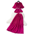 French style women's summer outfit: premium 3d floral tie-waist short-sleeve pleated top + high-waisted midi skirt