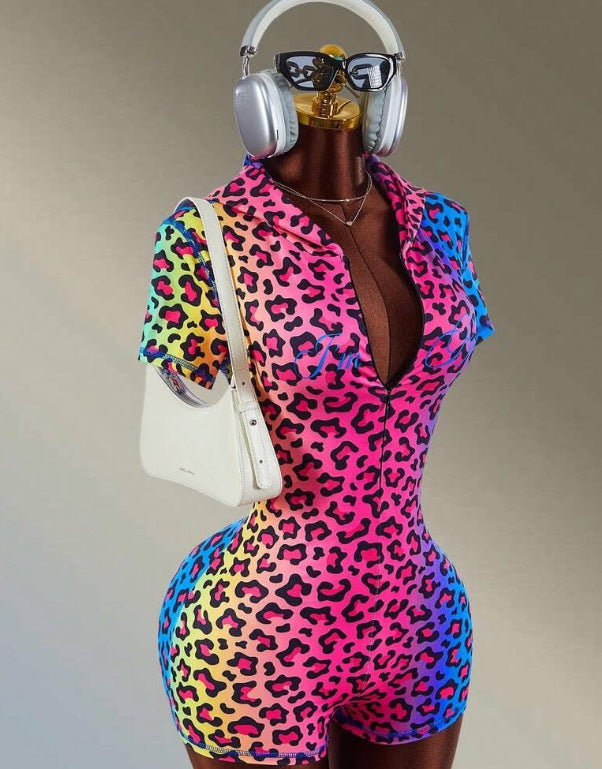 Amazon amplova women's leopard print zipper short sleeve hooded sports jumpsuit daily autum gym wear