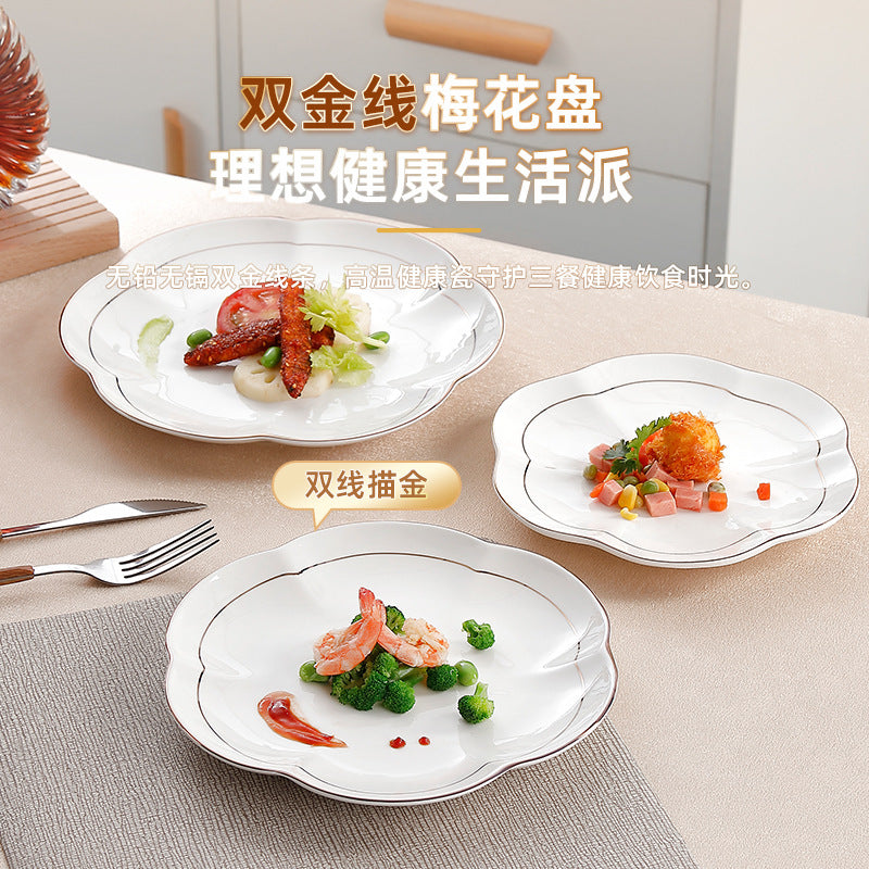 Wholesale gold-rimmed petal vegetable plate plum blossom plate for home ceramic dinner plate fish plate classy commercial cold dish plate