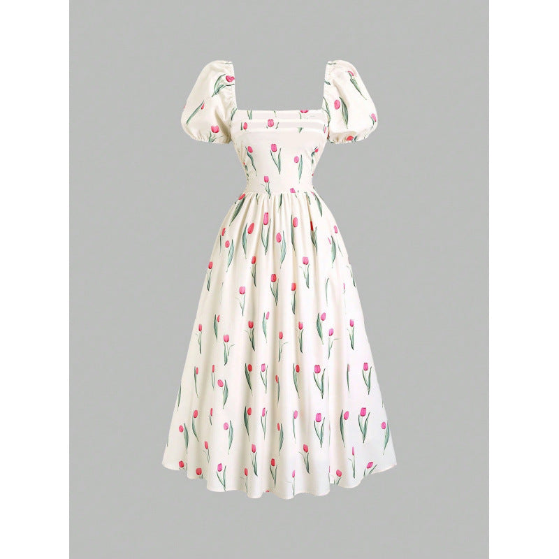 listing: new  women's original elegant square neck puff sleeve printed dress