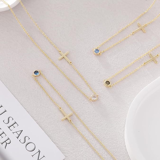 Amazon cross-border foreign trade small side cross necklace single side cross and birthstone necklace jewelry girls birthday gift