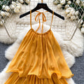 Yellow dress women's  summer french style halter neck ruffle trim tiered vacation mini dress