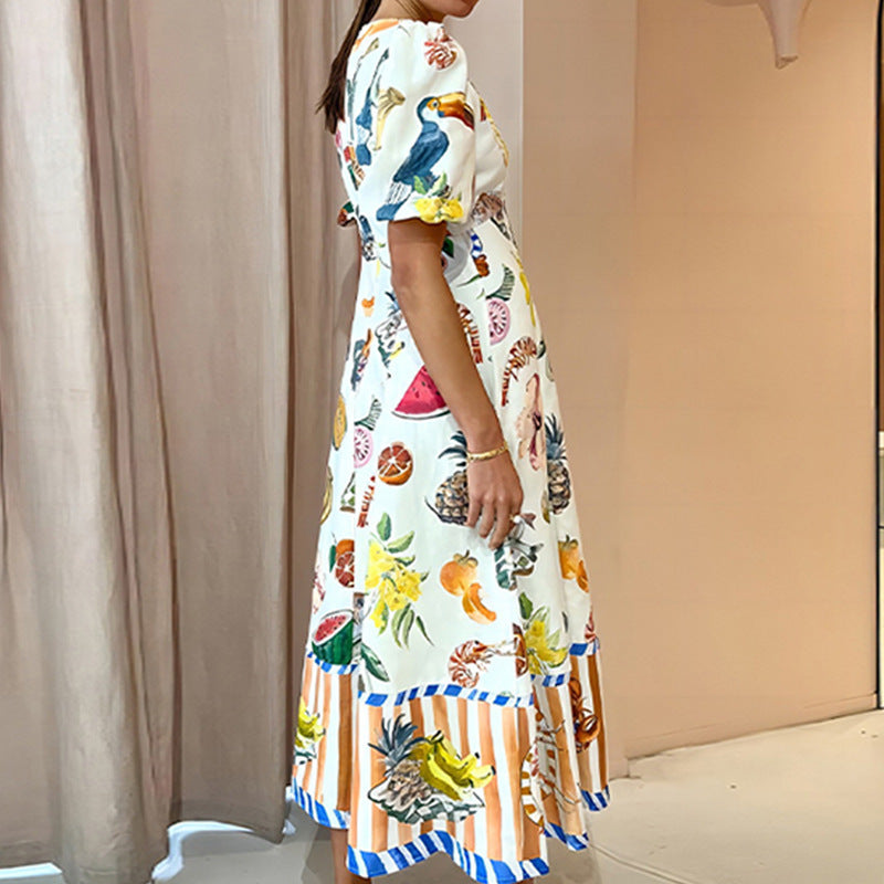 summer new women's clothing: cross-border european and american hot seller - elegant commute, sweet print, round neck, a-line maxi dress