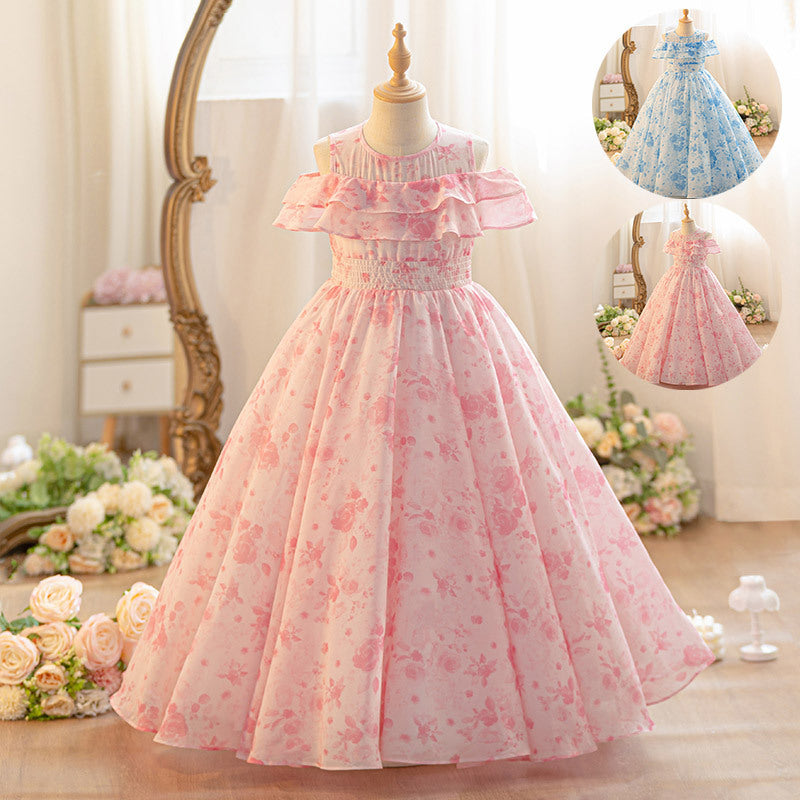 Girls' summer dresses  new collection: floral princess dresses for girls, mid-to-large size, long summer styles - wholesale