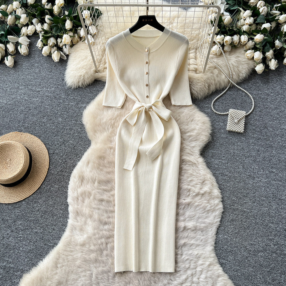 Korean style commute-ready knit dress - women's summer short sleeve single-breasted tie-waist slimming midi dress