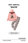 Autumn cross-border kids' hoodie two-piece set: casual bear plaid pants & hooded sweatshirt - girls' pullover style