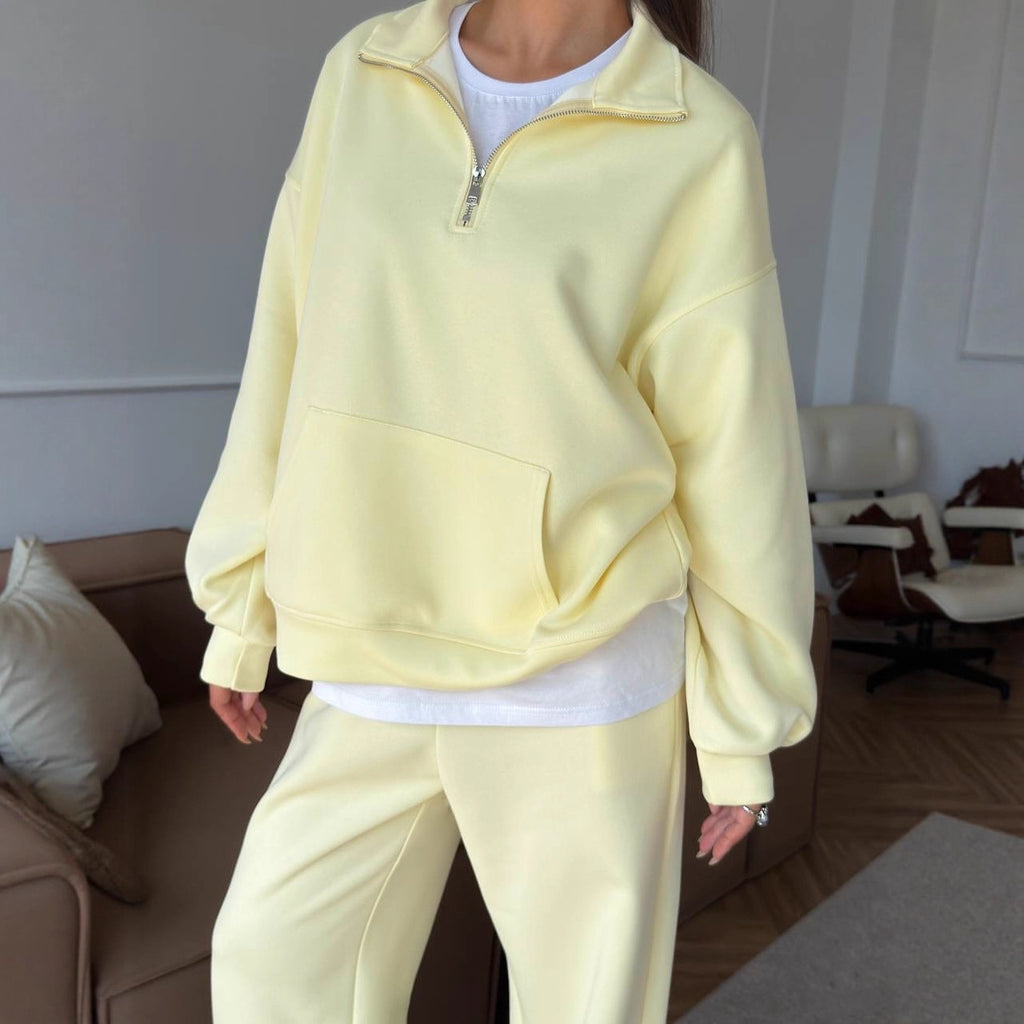 European and American  leisure women's cotton-containing set zipper lapel pullover sweater strap straight wide-leg pants two-piece set