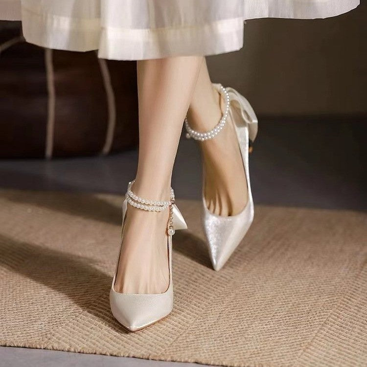 French white high heels women's stiletto wedding shoes with skirt satin wedding shoes bows elegancespring & fall pointed toe flats