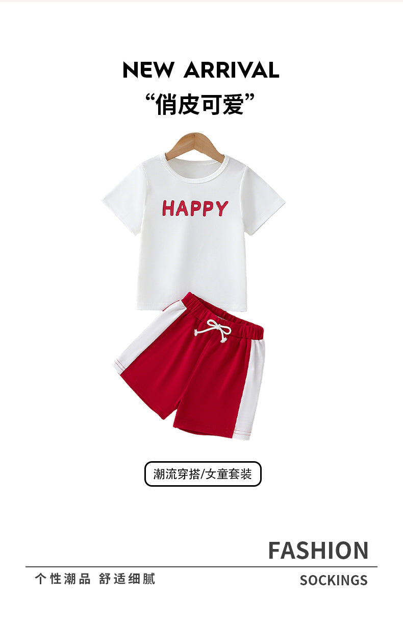 Kids' summer outfit: white letter print t-shirt & red active shorts set (sizes for mid-to-large children)