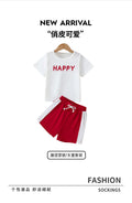 Kids' summer outfit: white letter print t-shirt & red active shorts set (sizes for mid-to-large children)