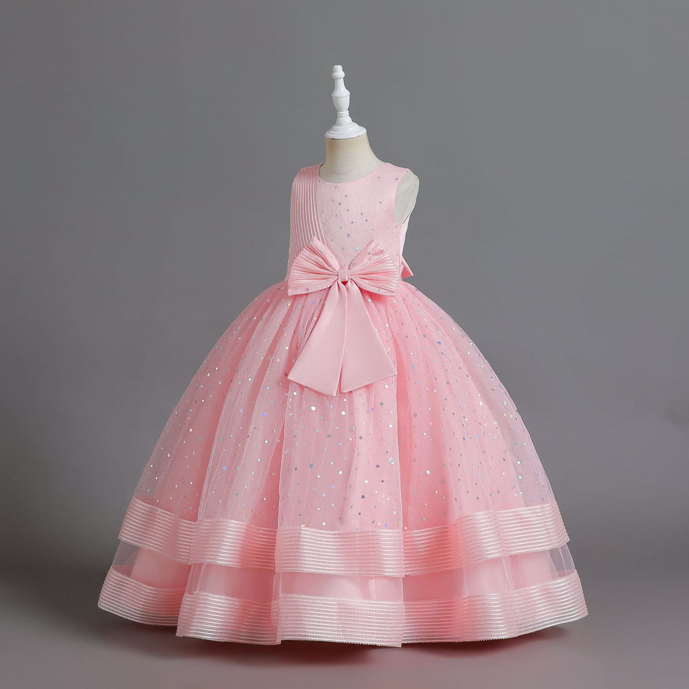 Ready-to-ship wholesale children's polka dot formal dresses, featuring large bow princess skirts for girls, high-end flower girl dresses, and kids' dresses