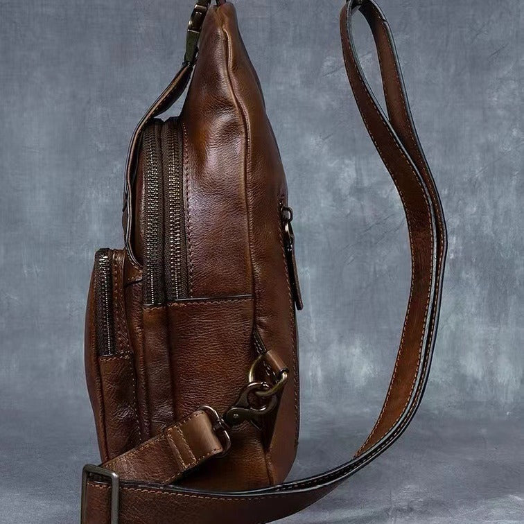 Retro hand-rubbed vegetable-tanned cowhide chest bag men's genuine leather crossbody bag casual shoulder crossbody bag soft leather bag