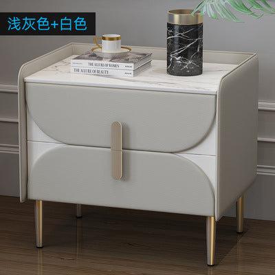Nordic light luxury sintered stone nightstand, minimalist modern leather bedroom bedside table, solid wood upholstered, ultra-minimalist light luxury style