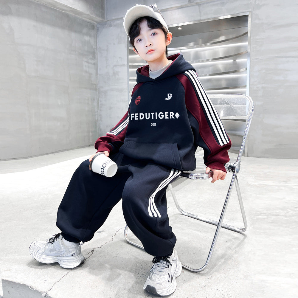 Boys' spring/autumn korean style color block hooded two-piece set -  new kids' spring activewear sweatshirt set