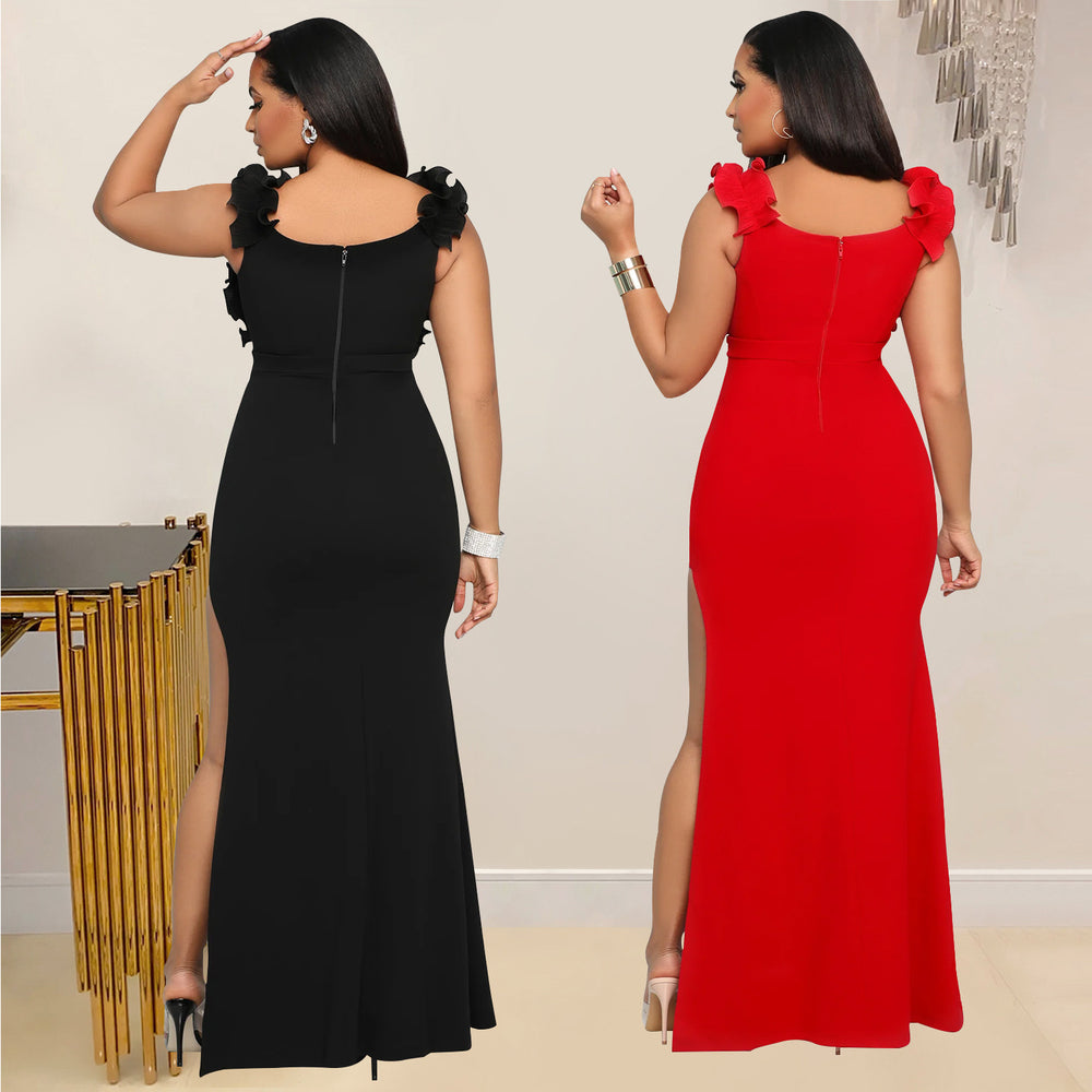 C7013 cross-border   independent station fashionable women's v neck sleeveless long slit dress