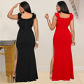 C7013 cross-border   independent station fashionable women's v neck sleeveless long slit dress