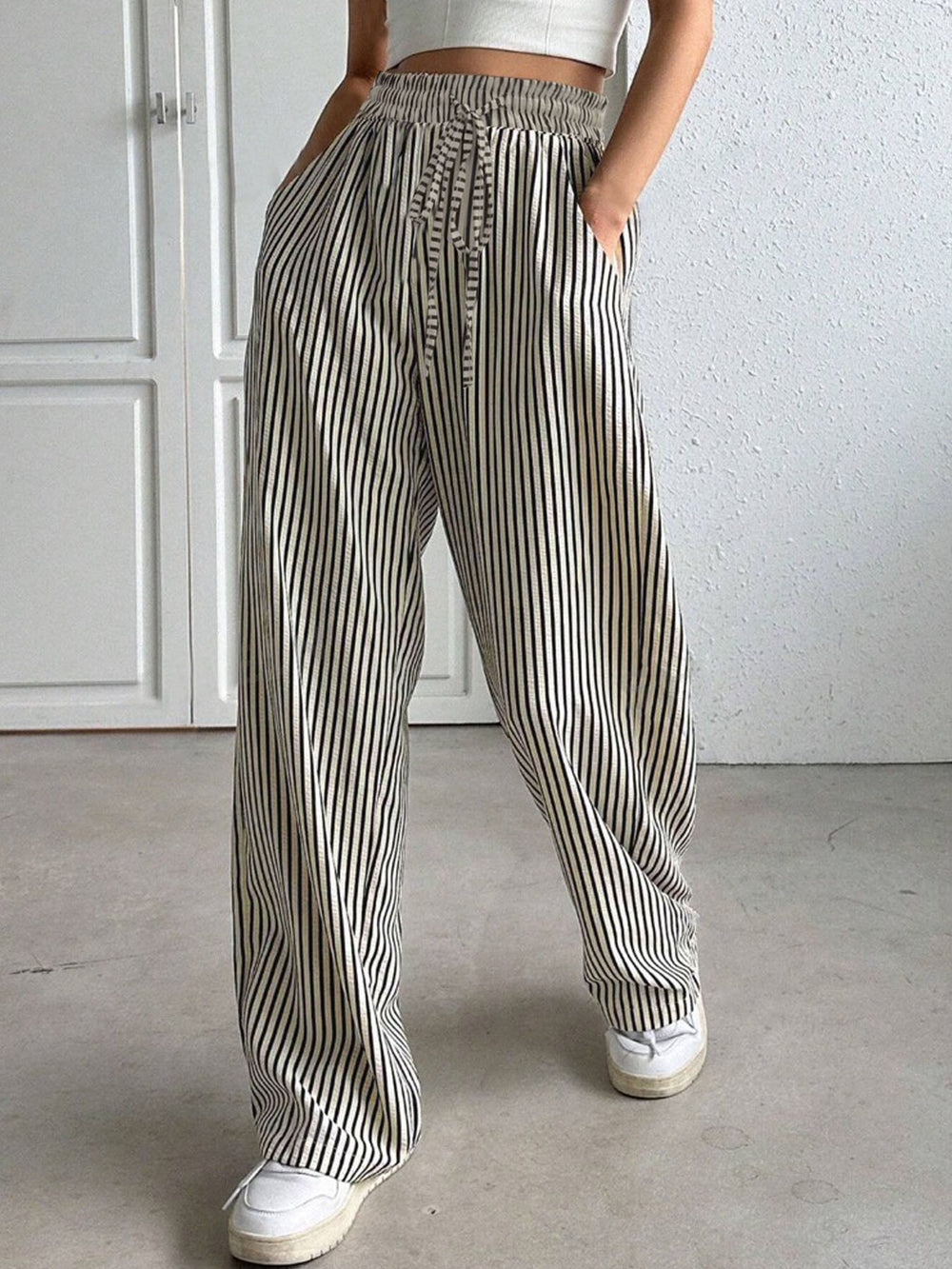 2025 european and american cross-border amazon new striped wide-leg pants drawstring pocket casual trousers straight-leg women's pants