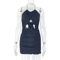 Fashion styleexportfashiontrendy women's silmcut out pleated hip skirtbacklesshalterpure color shortdress