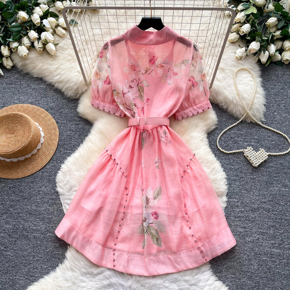 French country style rhinestone embellished slimming a-line dress - women's summer korean style short sleeve floral print shirt dress