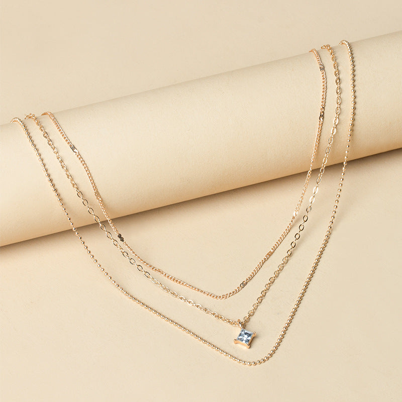 Square diamond necklace wholesale fashion cross-border sweater chain accessible luxuryclassy sense of small crowd multi-layered wearing chain clavicle chain for women