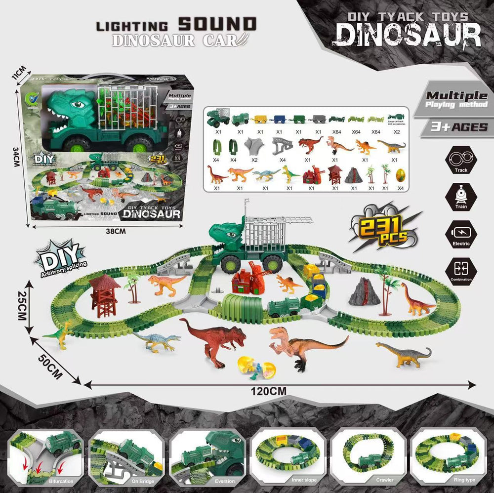 hot-selling electric dinosaur track car diy versatile assembly building educational roller coaster tunnel toy wholesale