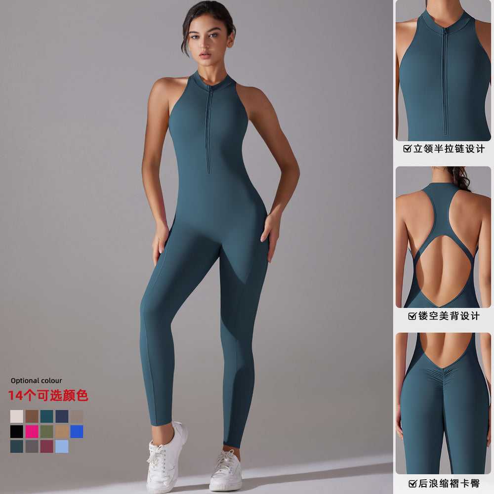 European and american style one-piece zippered yoga bodysuit - women's activewear, compression fit, cutout back, running & fitness jumpsuit