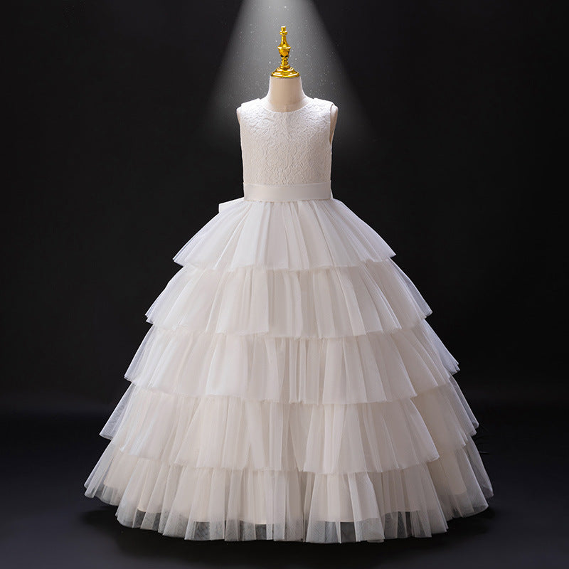 Girls' dresses flower girl wedding dress high-end white cake skirt elegant piano performance little girl runway dress european and american style