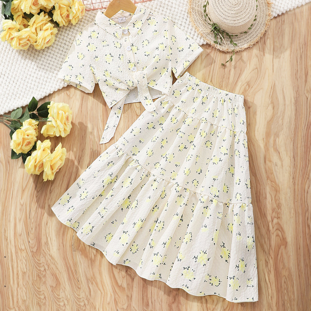 new arrival female youth short-sleeved lapel flower printing + skirt suit one piece dropshipping