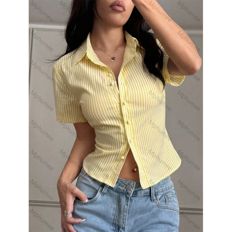 Amazon  summer new striped shirt for women - niche, versatile, casual, slim-fit, and flattering short-sleeve top